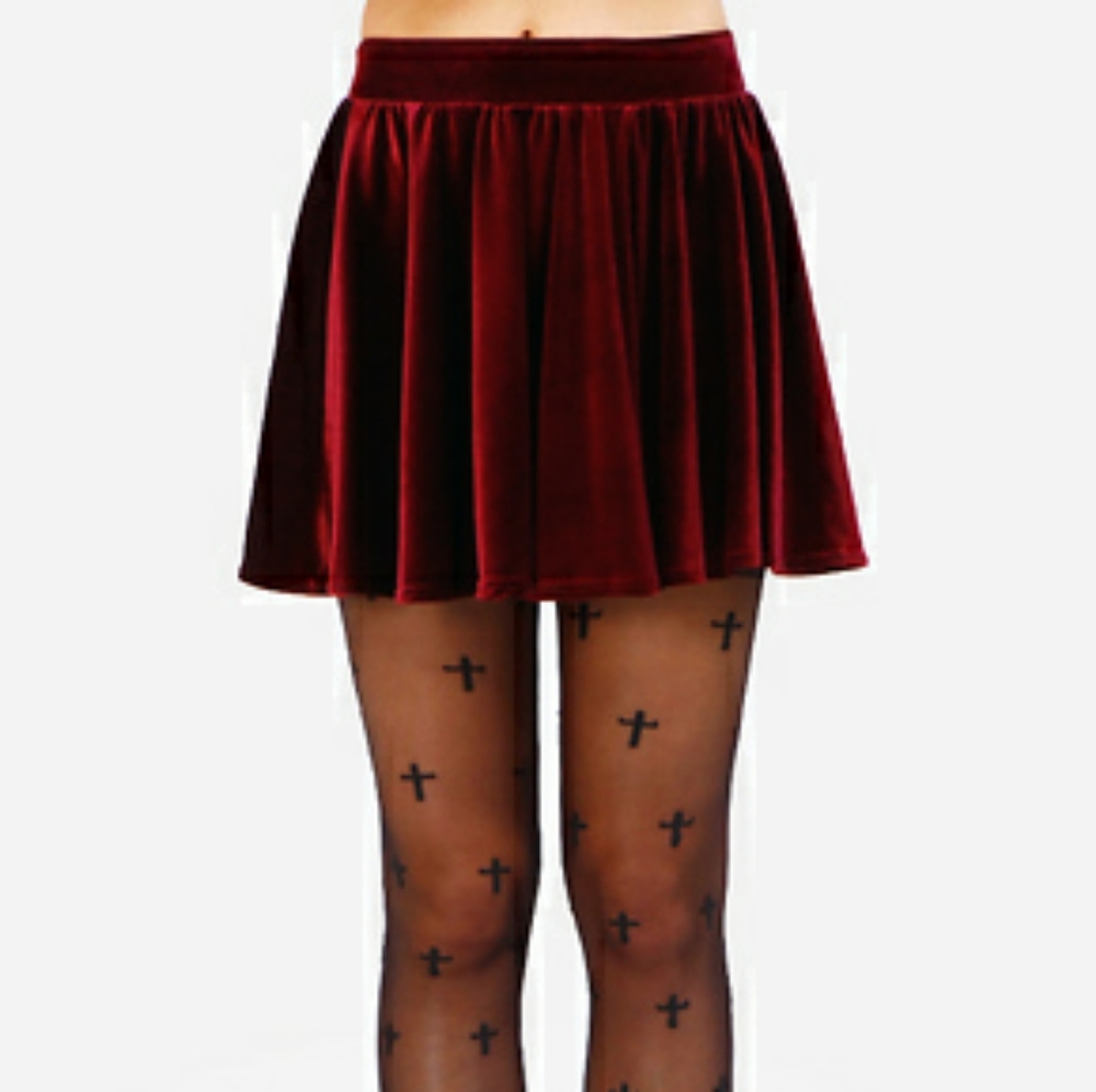 Burgundy Pleated Velvet Mini Skater Skirt